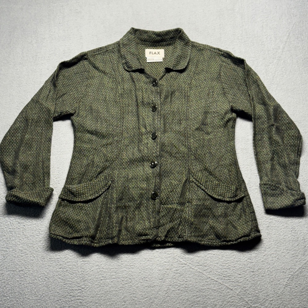 FLAX Linen Jacket Womens Medium Olive Green Textured Button Up Blazer Pockets